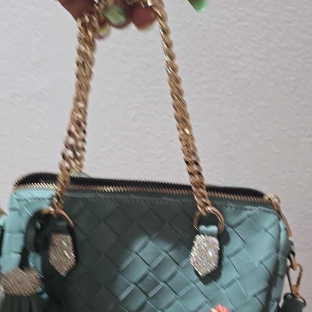 Teal Woven Handbag with Chain Detail Great For Summer Can Be Crossbody Bag - Picture 3 of 8